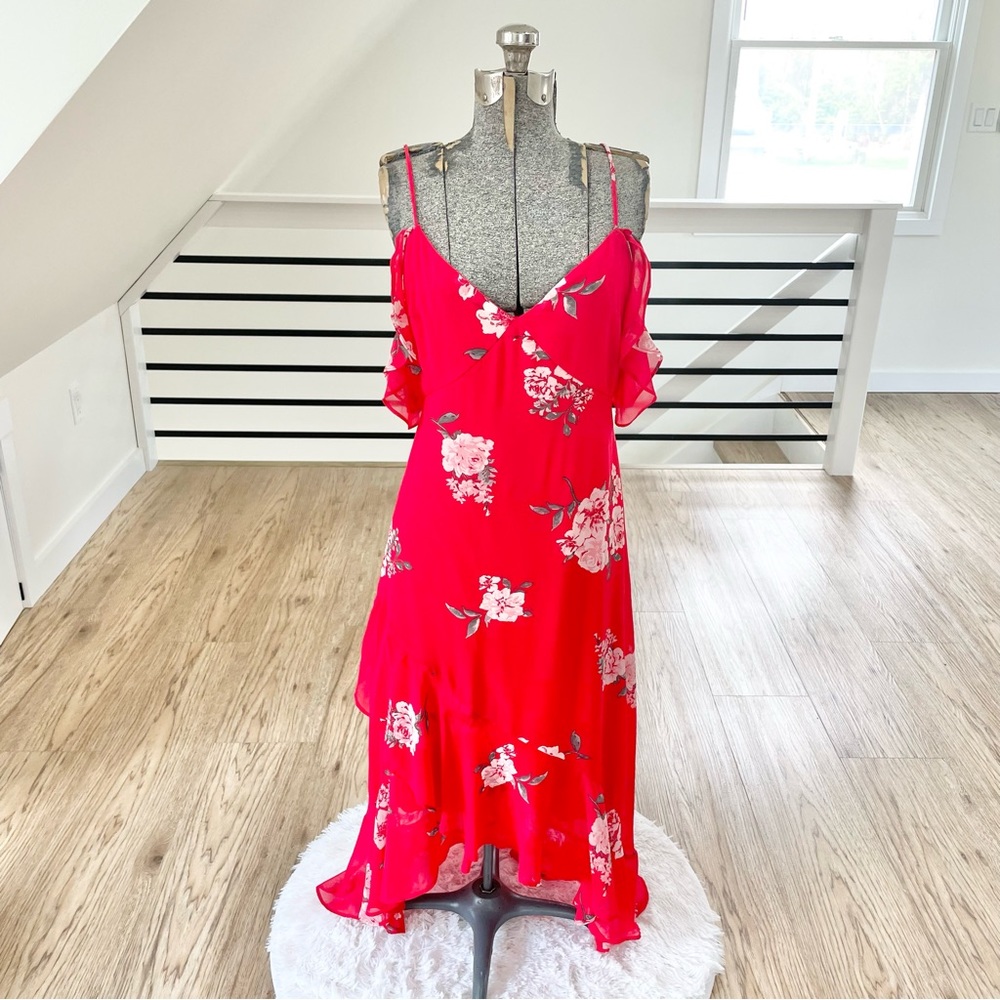 NWT S red white and gray floral, print high low midi dress